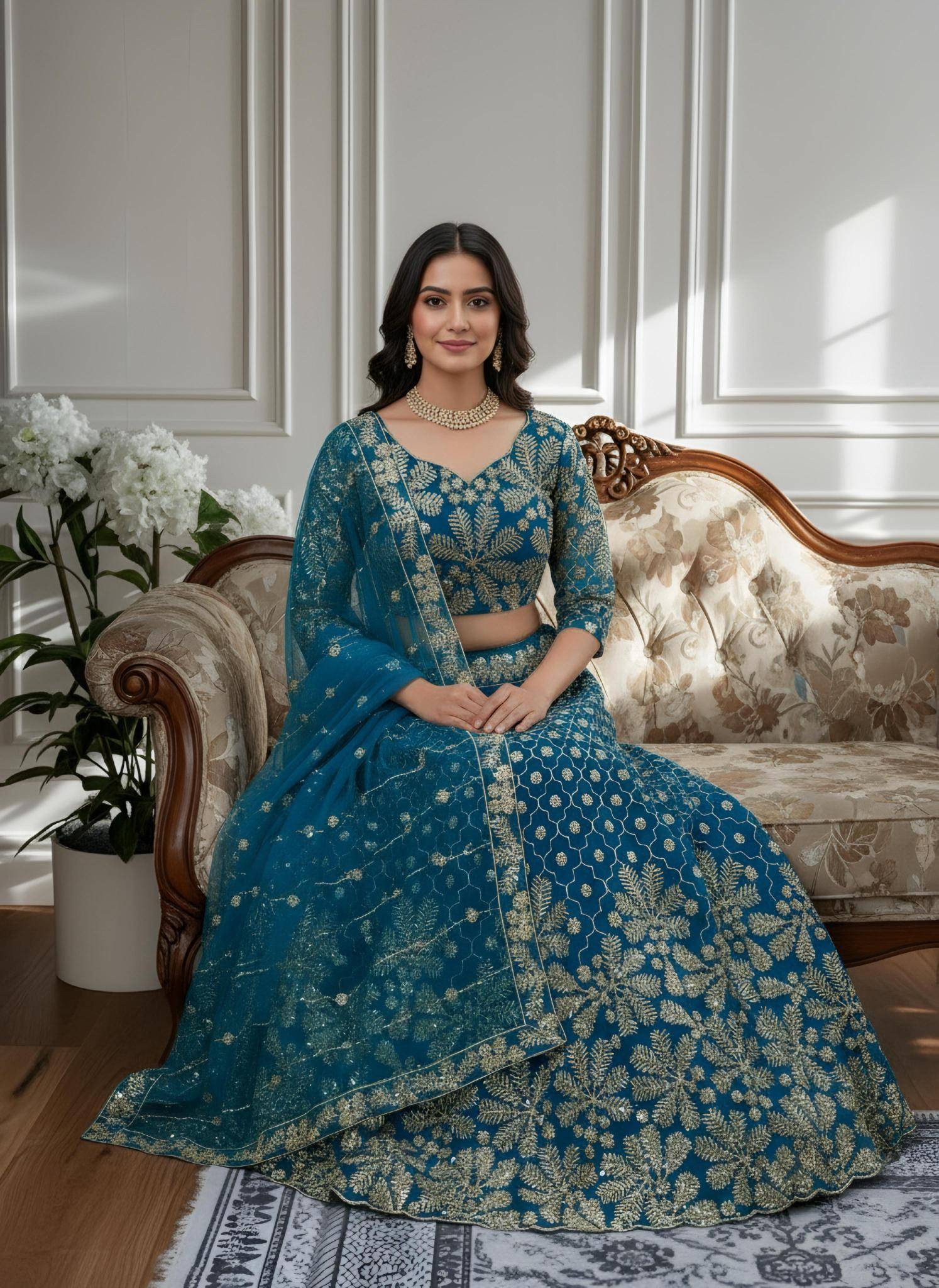 Shine in style with this beautifully Butterfly Net Rama Blue Lehenga choli retailers in Mumbai
